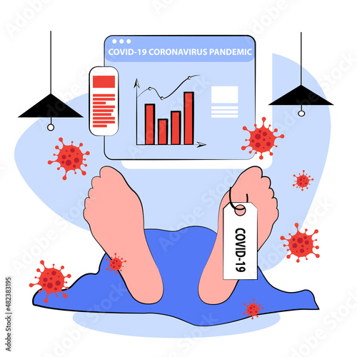 Coronavirus death toll, COVID-19 pandemic causing people die with pneumonia lung infection concept. People who pass away with Coronavirus with COVID-19 tag on feet and virus pathogen.