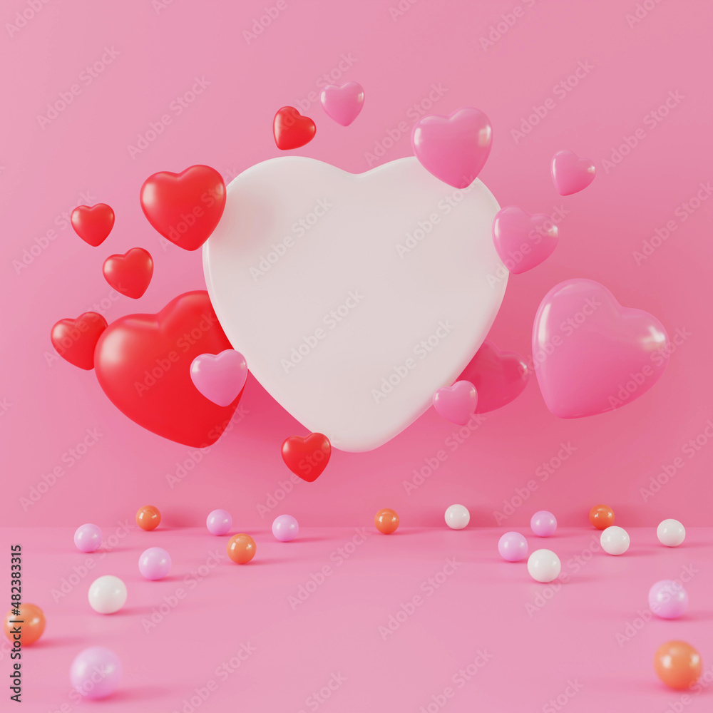 Abstract background pink and red heart shape happy valentine day, 3D rendering illustration.