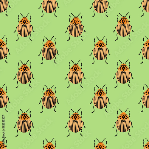 Potato beetle, Colorado bugs pattern. Vector Illustration for printing, backgrounds, covers, packaging, greeting cards, posters, stickers, textile and seasonal design. Isolated on white background.