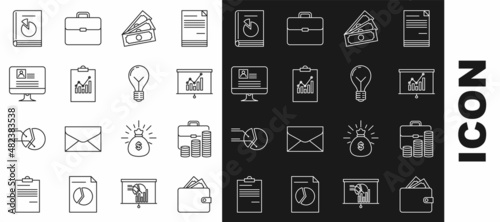 Set line Wallet with stacks paper money cash, Briefcase and coin, Board graph chart, Stacks, Clipboard, Computer monitor resume, User manual and Light bulb concept of idea icon. Vector