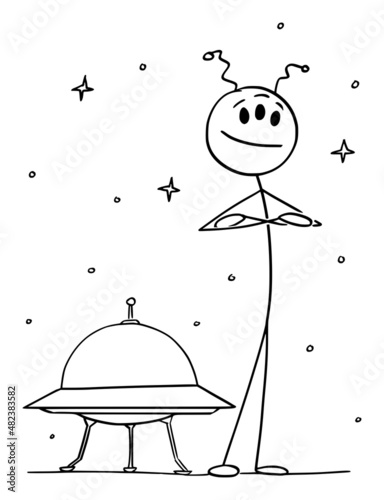 Cute Friendly Alien Standing in Front of UFO Spaceship, Vector Cartoon Stick Figure Illustration