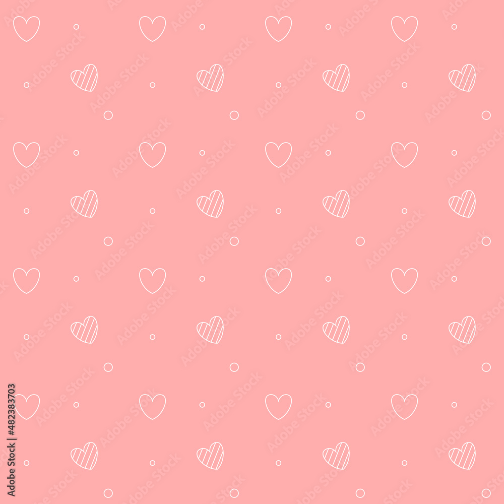 Romantic seamless pattern with a heart. Happy Valentine s Day. White outline hearts and dots on a pink background.