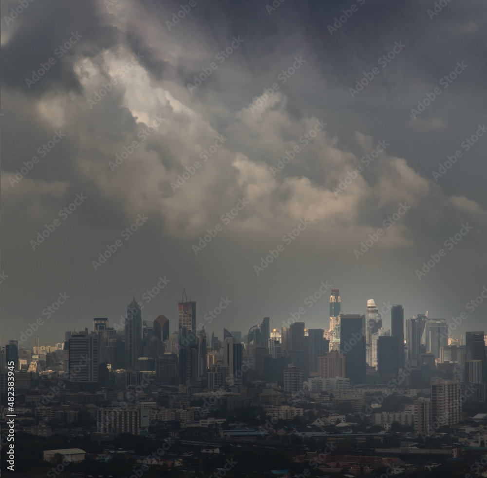 Bangkok, thailand - Jan 22, 2022 : Morning scene after rain of various skyscrapers at Bangkok city. Mono Tone, Selective focus.