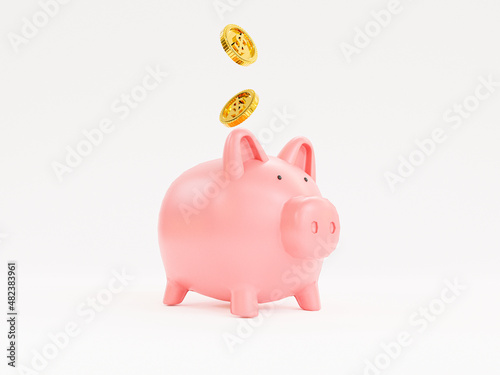 Golden coins putting to pink piggy save money on white background for deposit and financial saving growth concept by 3d render. photo