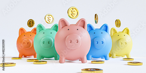 Golden coins putting to variety colour piggy save money on white background for deposit and financial saving growth concept by 3d render.