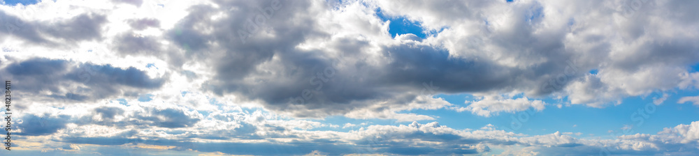 Panorama or panoramic photo of blue sky and white clouds or cloudscape.