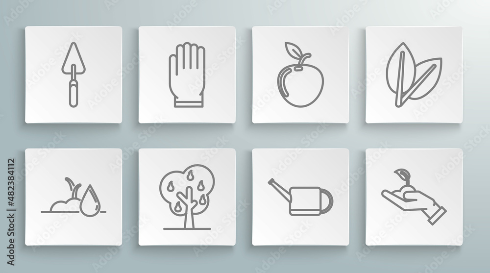 Set line Watering sprout, Garden gloves, Tree with pears, can, Sprout hand of environmental protection, Apple, Leafs and trowel spade or shovel icon. Vector Set line Watering sprout, Garden gloves, Tree with pears, can, Sprout hand of environmental protection, Apple, Leafs and trowel spade or shovel icon. Vector