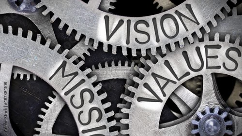 Group of rotating tooth wheels with Mission, Vision and Values sign imprinted on metal surface. High quality 4k video.