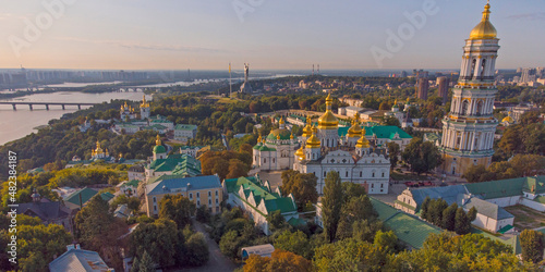 Kyivo-Pecherska Lavra and the Dnipro River , at sunrise time, taken with drone, Ukraine photo