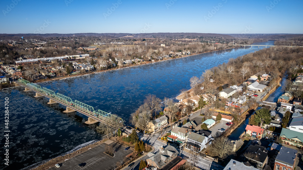 Aerial Drone of Lambertville New Hope in the Winter
