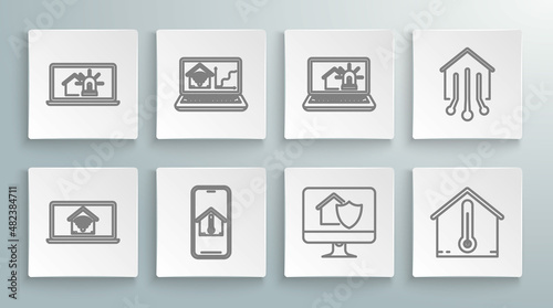 Set line Laptop with smart home with wi-fi, Mobile phone house temperature, Computer monitor under protection, House, and alarm, Smart and icon. Vector