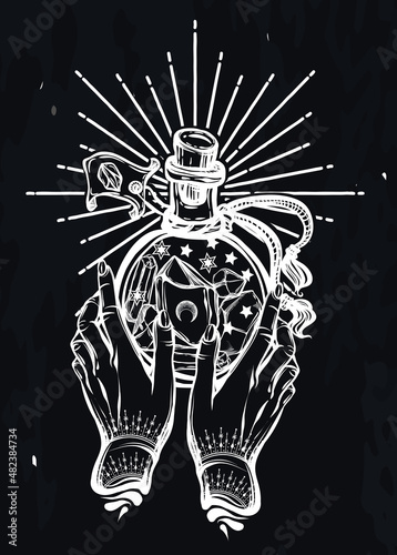 Vector illustration, magic crystals in bottle, spirituality and occultism, Handmade, print, background  chalkboard
