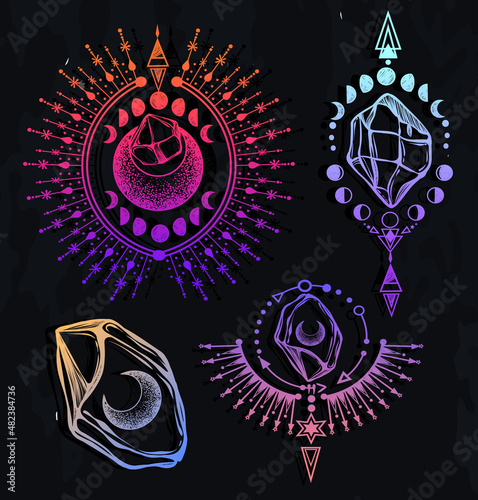 Vector illustration, set, magical astrology and crystals, spirituality and occultism, magic symbol, Handmade, print, background  chalkboard