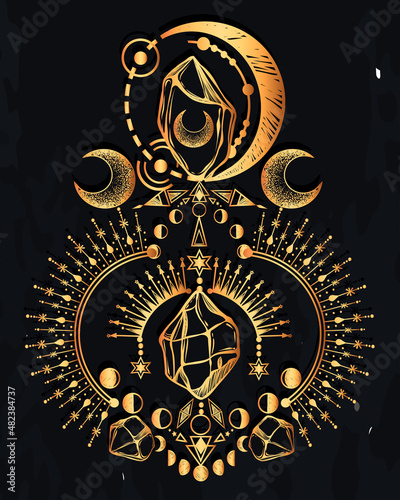 Vector illustration, magical astrology and crystals, Alchemy, spirituality and occultism, magic symbol, Handmade, print, background  chalkboard