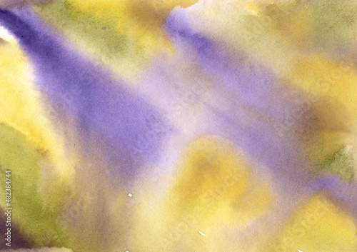 Abstract watercolor Background. Yellow and violet splashes. Multicolor Backdrop
