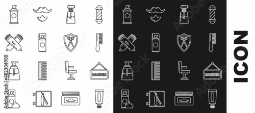 Set line Cream or lotion cosmetic tube, Barbershop, Hairbrush, Shaving gel foam, Crossed electrical hair clipper shaver, and Scissors hairdresser and shield icon. Vector