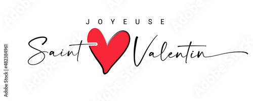 Joyeuse Saint Valentin French lettering - Happy Valentines Day elegant background with heart pattern. Valentine holiday black calligraphy with red heart, romantic France banner design. Festive vector