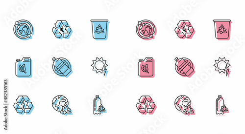 Set line Battery with recycle symbol, Planet earth and recycling, Recycling plastic bottle, No, Solar energy panel, Bio fuel canister and Recycle leaf icon. Vector