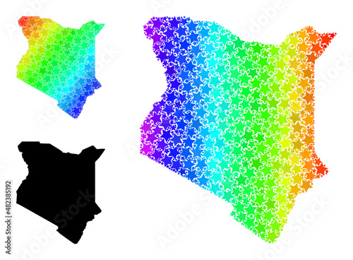 Rainbow gradiented star collage map of Kenya. Vector colored map of Kenya with spectral gradients. Mosaic map of Kenya collage is composed with chaotic colored star parts.