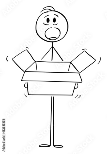 Person Shocked by Gift, Package or Finding in Box , Vector Cartoon Stick Figure Illustration