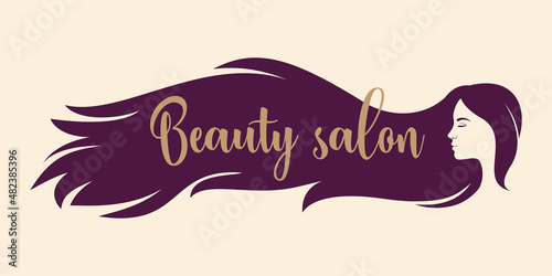 Profile of a woman with long, wavy hair. Horizontal banner template for a beauty salon.