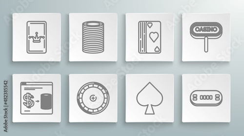 Set line Online casino chips exchange on stacks of dollars, Casino, roulette wheel, Playing card with spades symbol, Poker table, Deck playing cards, signboard and Joker icon. Vector