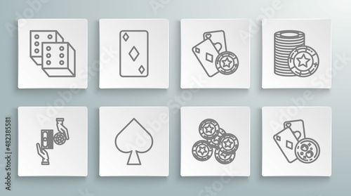 Set line Casino chips exchange on stacks of dollars, Playing card with diamonds symbol, spades, cards and glass whiskey ice cubes, playing, and Game dice icon. Vector