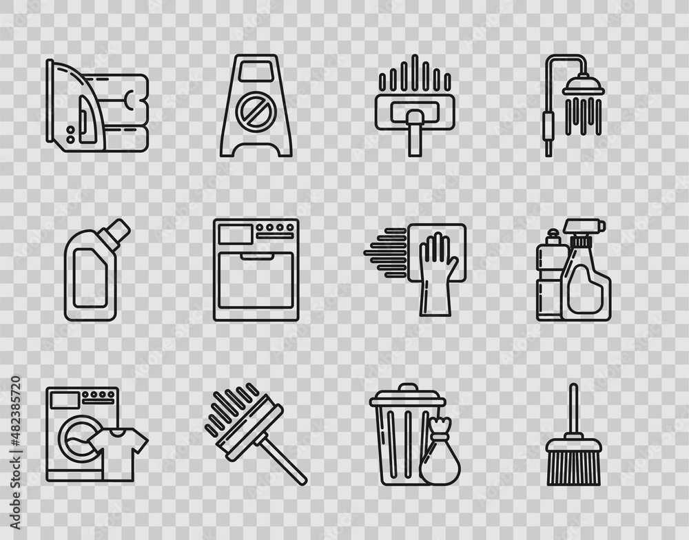Set line Washer and t-shirt, Handle broom, Vacuum cleaner, Squeegee, scraper, wiper, Electric iron towel, Trash can garbage bag and Plastic bottles for liquid dishwashing liquid icon. Vector Set line Washer and t-shirt, Handle broom, Vacuum cleaner, Squeegee, scraper, wiper, Electric iron towel, Trash can garbage bag and Plastic bottles for liquid dishwashing liquid icon. Vector
