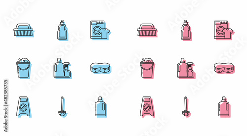 Set line Wet floor and cleaning in progress, Toilet brush, Brush for, Plastic bottles liquid dishwashing liquid, Sponge, Bucket with foam bubbles and icon. Vector