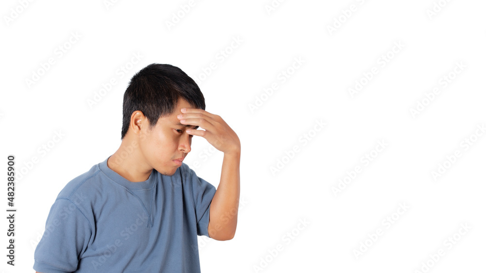 Young man showing headache gesture and i'll isolated on white background. Young man showing headache gesture and i'll isolated on white background.