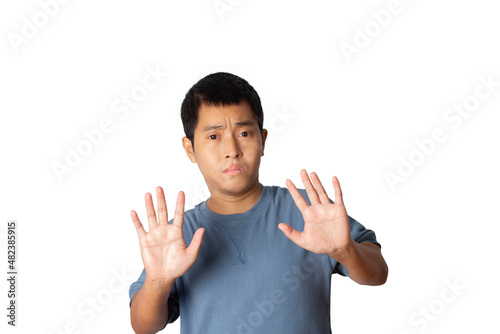 Billede på lærred Man show stop gesture sign by hand, hands show refusal gesture.