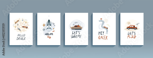 Set of funny posters inspirational phrases for a boy. Сartoon flyers with transport and lettering, kids collection for room decoration, templates postcards. Vector illustration