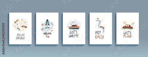 Set of funny posters inspirational phrases for a boy.   artoon flyers with transport and lettering  kids collection for room decoration  templates postcards. Vector illustration