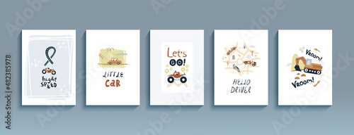 Set of funny posters inspirational phrases for a boy. Сartoon flyers with transport and lettering, kids collection for room decoration, templates postcards. Vector illustration