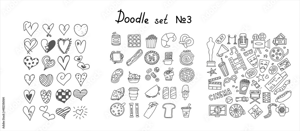 Big set of hand drawn coffee and tea doodles. A set of isolated vector drawings hearts, snacks, fast food products. Hand-drawn sweets, desserts, snacks, drinks, popcorn, American food and English
