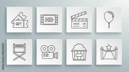 Set line Director movie chair, 4k movie, tape, frame, Cinema camera, Popcorn cardboard box, Carpet with barriers and star, Movie clapper, Balloon ribbon and ticket icon. Vector