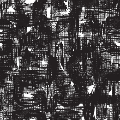 Abstract black and white seamless pattern with chaotic overlay English letters with textile texture. Monochrome vector background in grunge style. Print for wallpaper, wrapping paper, fabric