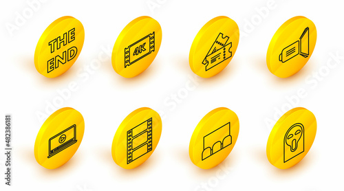 Set line Funny and scary ghost mask, Play Video, Online play video, Movie spotlight, Cinema ticket, 4k movie, tape, frame and The End handwritten inscription icon. Vector