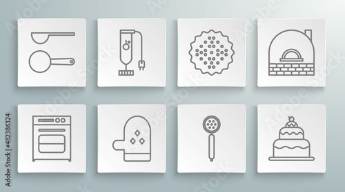 Set line Oven, Blender, glove, Strainer spoon, Cake, Cracker biscuit, Brick stove and Measuring icon. Vector