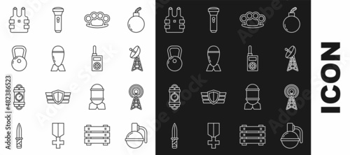 Set line Hand grenade, Radar, Brass knuckles, Aviation bomb, Kettlebell, Bulletproof vest for protection from bullets and Walkie talkie icon. Vector