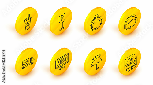 Set line Pizza in cardboard box, Umbrella and rain drops, Computer monitor with app delivery tracking, Post truck, Support operator touch, Fragile broken glass symbol and Coffee cup icon. Vector