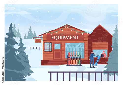 Winter sport activity. Female character renting a snowboarding equipment.