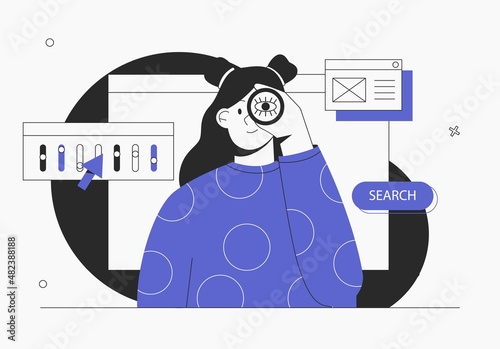 Young woman looking through spy glass. Business metaphore for search or research, development, web surfing and looking for new business or career opportunities. Flat style vector illustration.