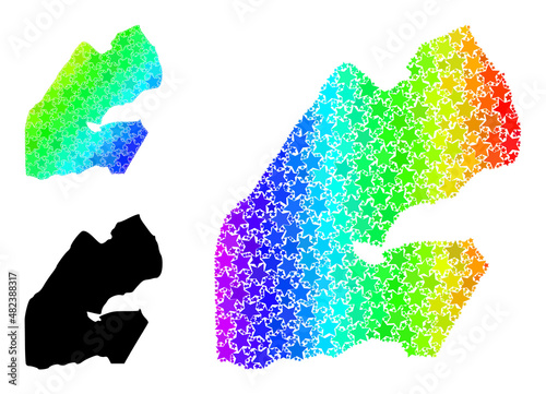 Spectrum gradiented star mosaic map of Djibouti. Vector colored map of Djibouti with spectral gradients. Mosaic map of Djibouti collage is composed with chaotic colored star elements.