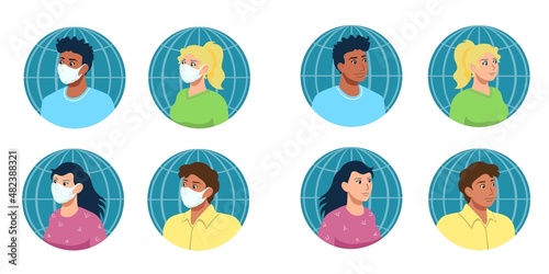 Portraits of people of four different ethnicities with and without medical surgical masks, on globe background. Diversity social concept. Editable avatar, infographic cartoon set