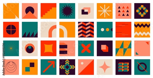 Abstract geometric swiss forms. Modern bauhaus blocks, set of bold figures, simple geo primitive shapes. Vector graphic