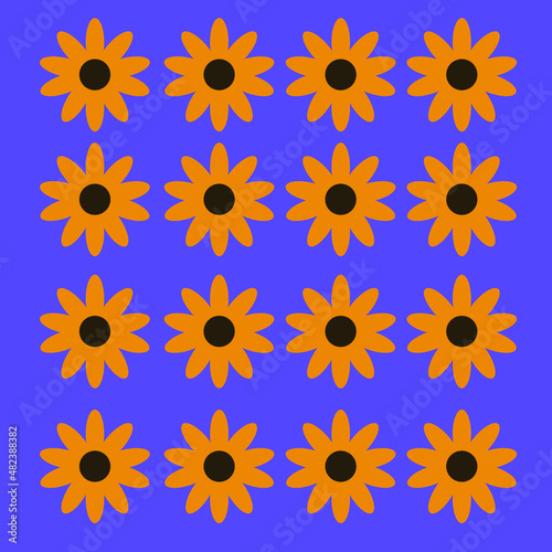Orange and brown flowers pattern, purple background, spring, bloom, garden, sunflowers