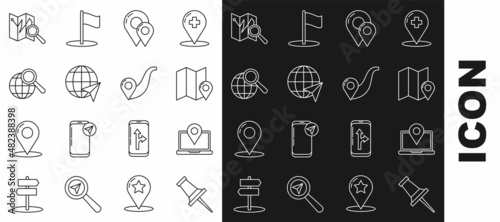 Set line Push pin, Laptop with location marker, Folded map, Map, Location the globe, Magnifying glass, and Route icon. Vector