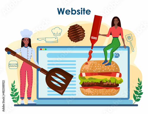 Burger house online service or platform. Chef cook tasty hamburger