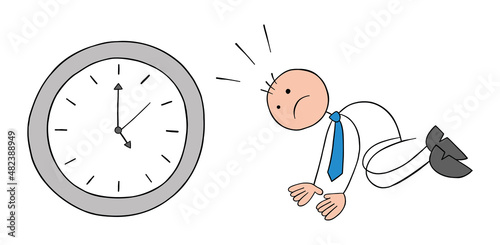 Stickman businessman is on his knees before the clock and is devastated, it's late, hand drawn cartoon vector illustration